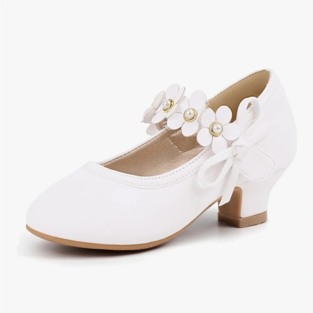 Toddler Girls White Flower Pearl Ankle Strap Shoes